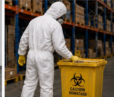 Biohazard Cleaning technician bagging clinical waste into a biohazard waste bin