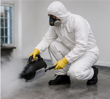Biohazard Cleaning technician in full PPE fogging a room during infection-control decontamination
