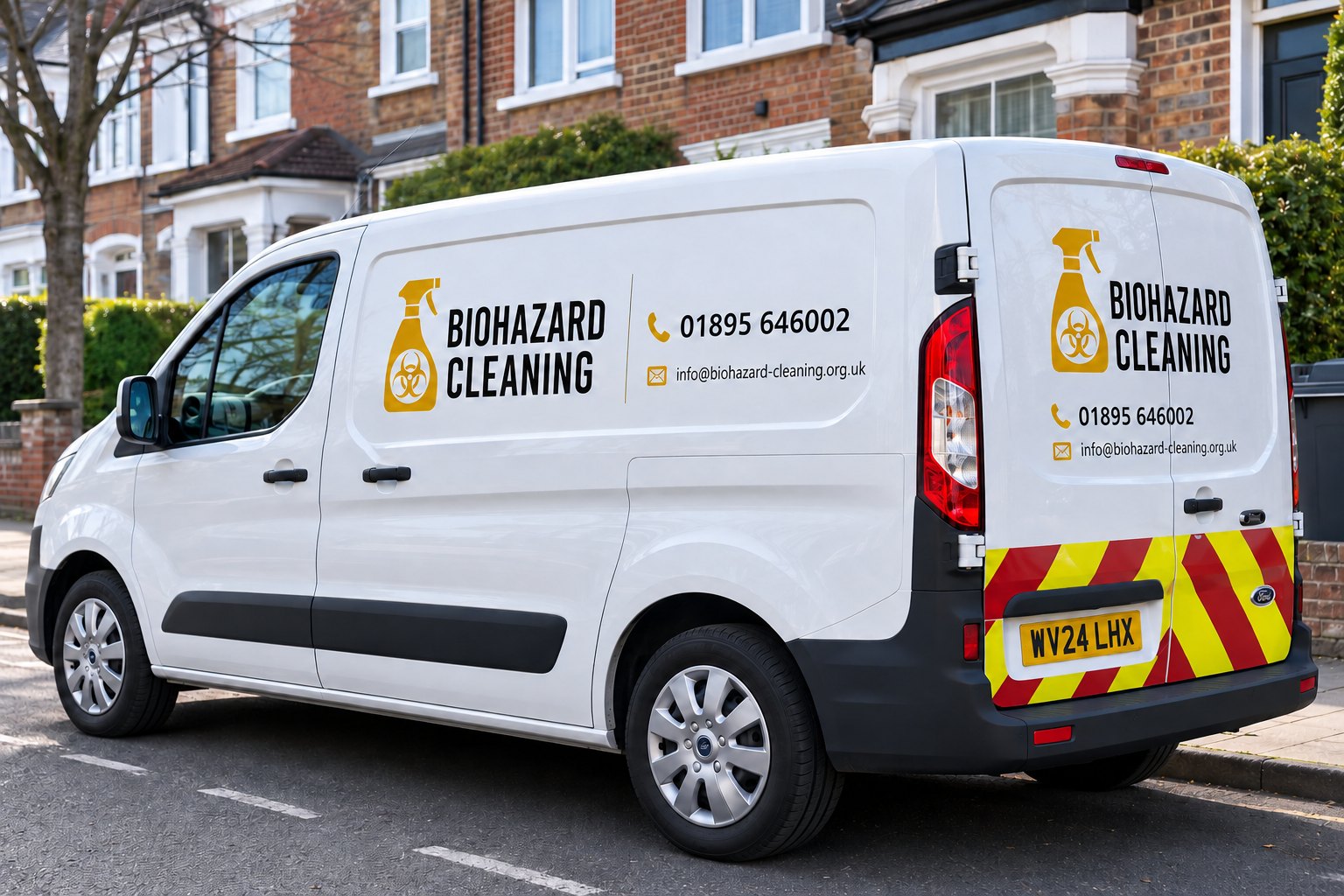 Biohazard Cleaning branded response van on a residential street, available nationwide 24/7